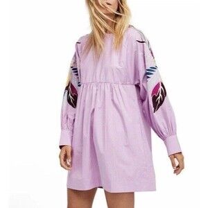 FREE PEOPLE Purple Mini Obsessions Embroidered Floral Cotton Dress XS